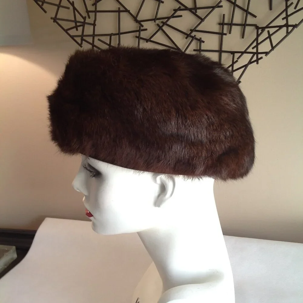 Vintage Bamberger's NJ Real Fur Brown Mink? Pillbox Hat Union Made - Picture 2 of 9